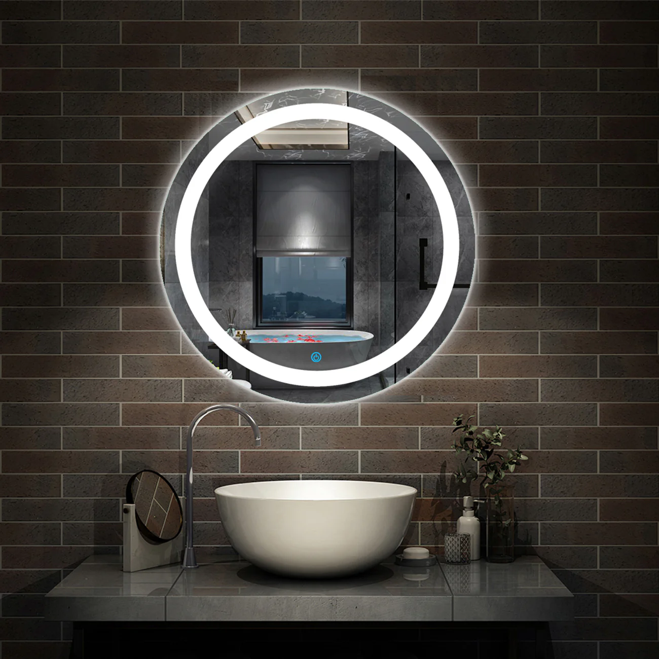 baño redondo led iluminado(Brillo LED Envolvente) espejo de pared interruptor de sensor táctil antiniebla - Image 12