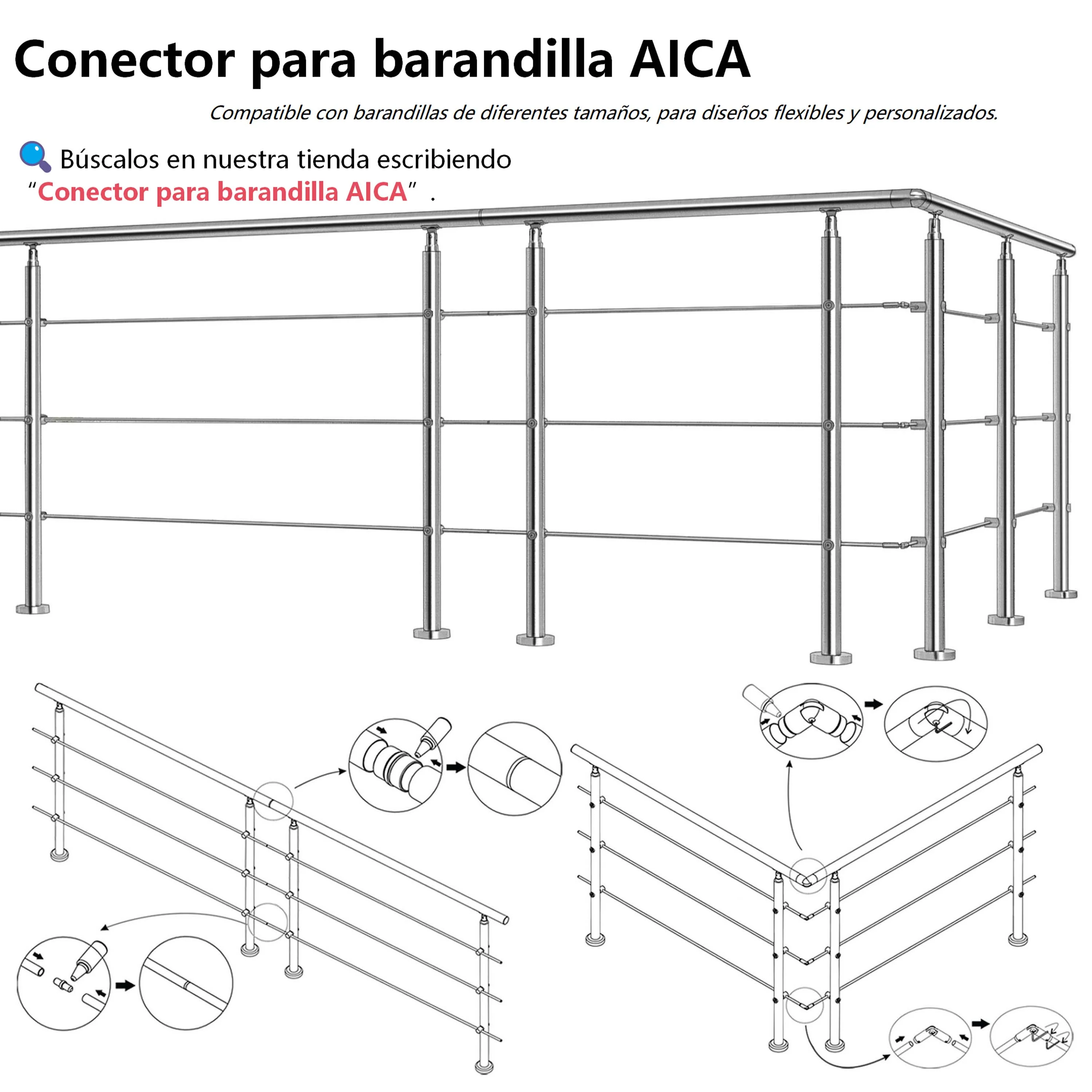 AICA Barandilla escalera de acero inoxidable 80/100/120/150/180/200/220/240 cm con 3 barras transversales para interior - Image 7
