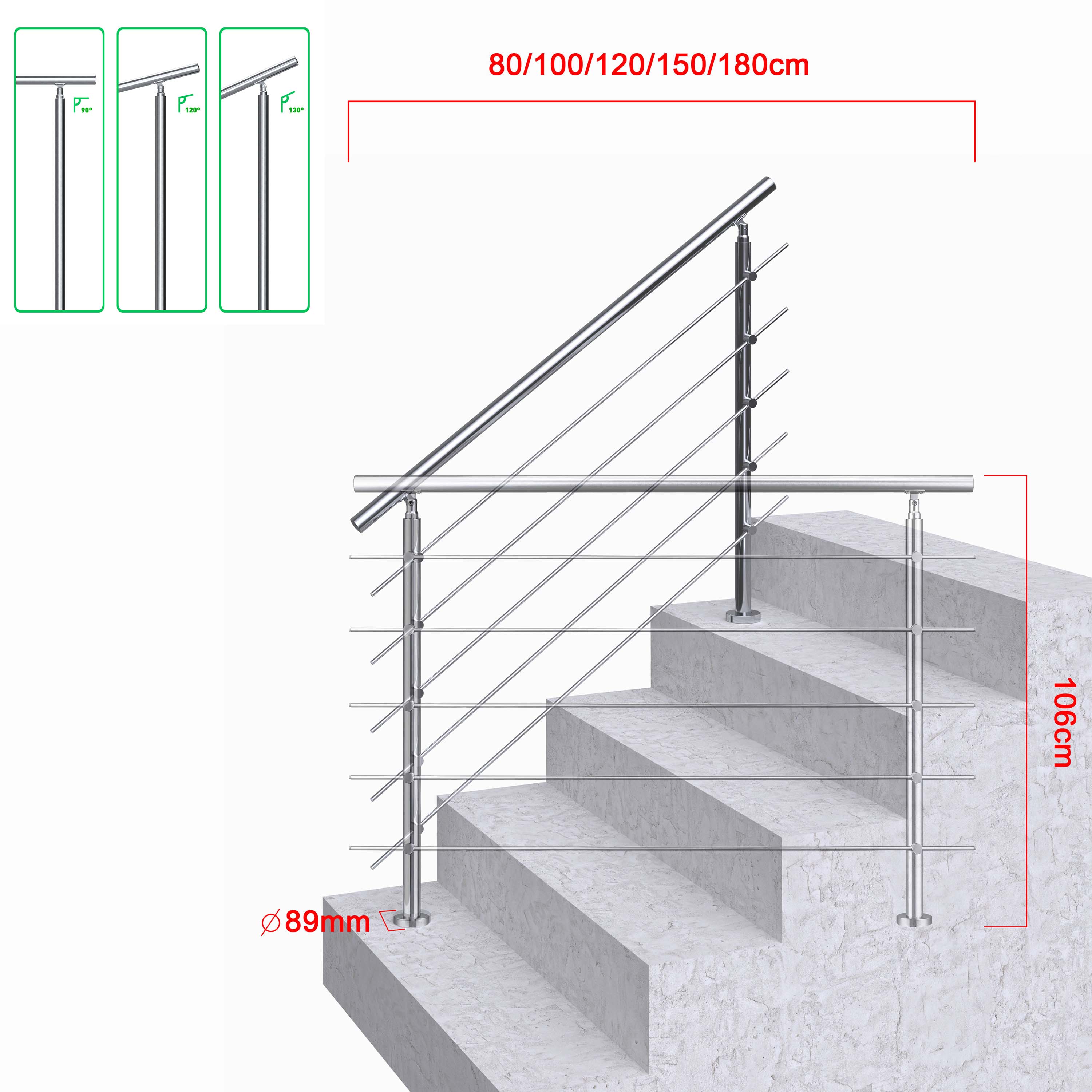 AICA Barandilla escalera de acero inoxidable 80/100/120/150/180/200/220/240 cm con 5 barras transversales para interior - Image 10