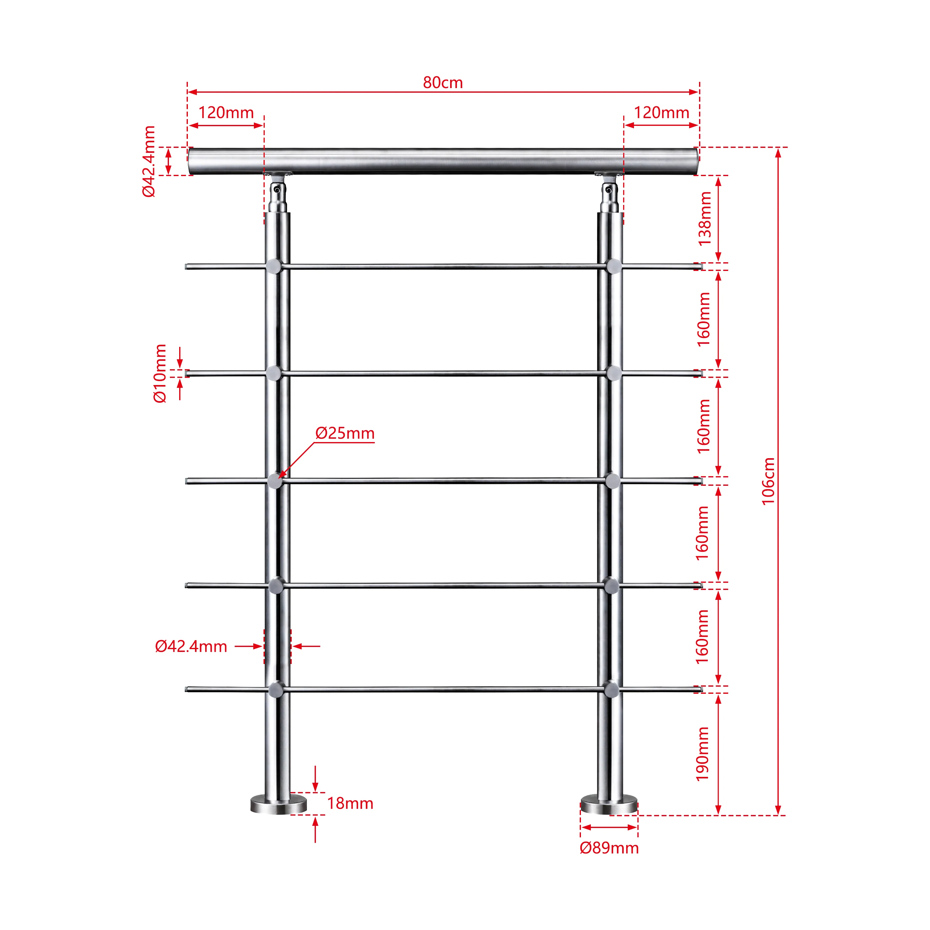 AICA Barandilla escalera de acero inoxidable 80/100/120/150/180/200/220/240 cm con 5 barras transversales para interior - Image 12