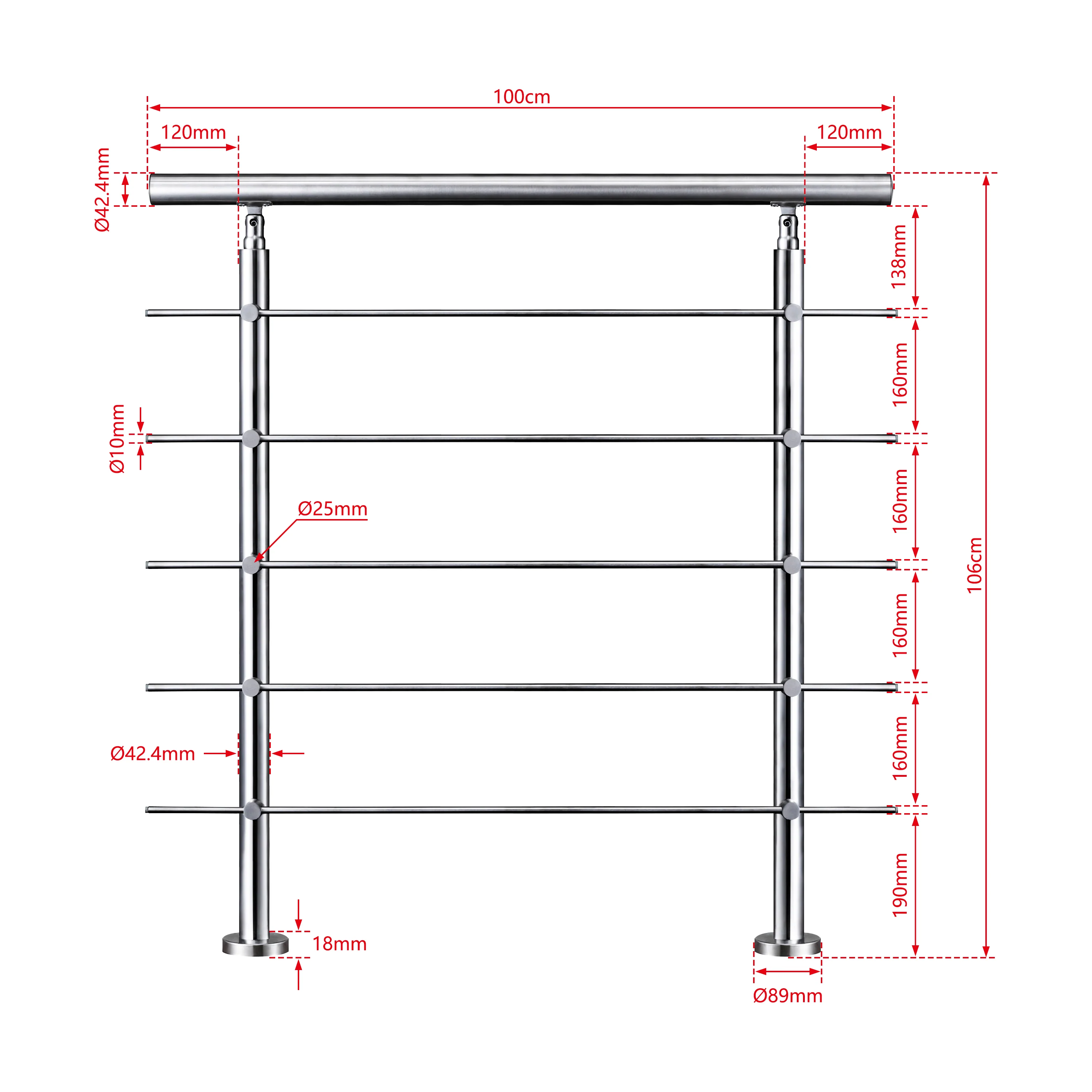 AICA Barandilla escalera de acero inoxidable 80/100/120/150/180/200/220/240 cm con 5 barras transversales para interior - Image 13