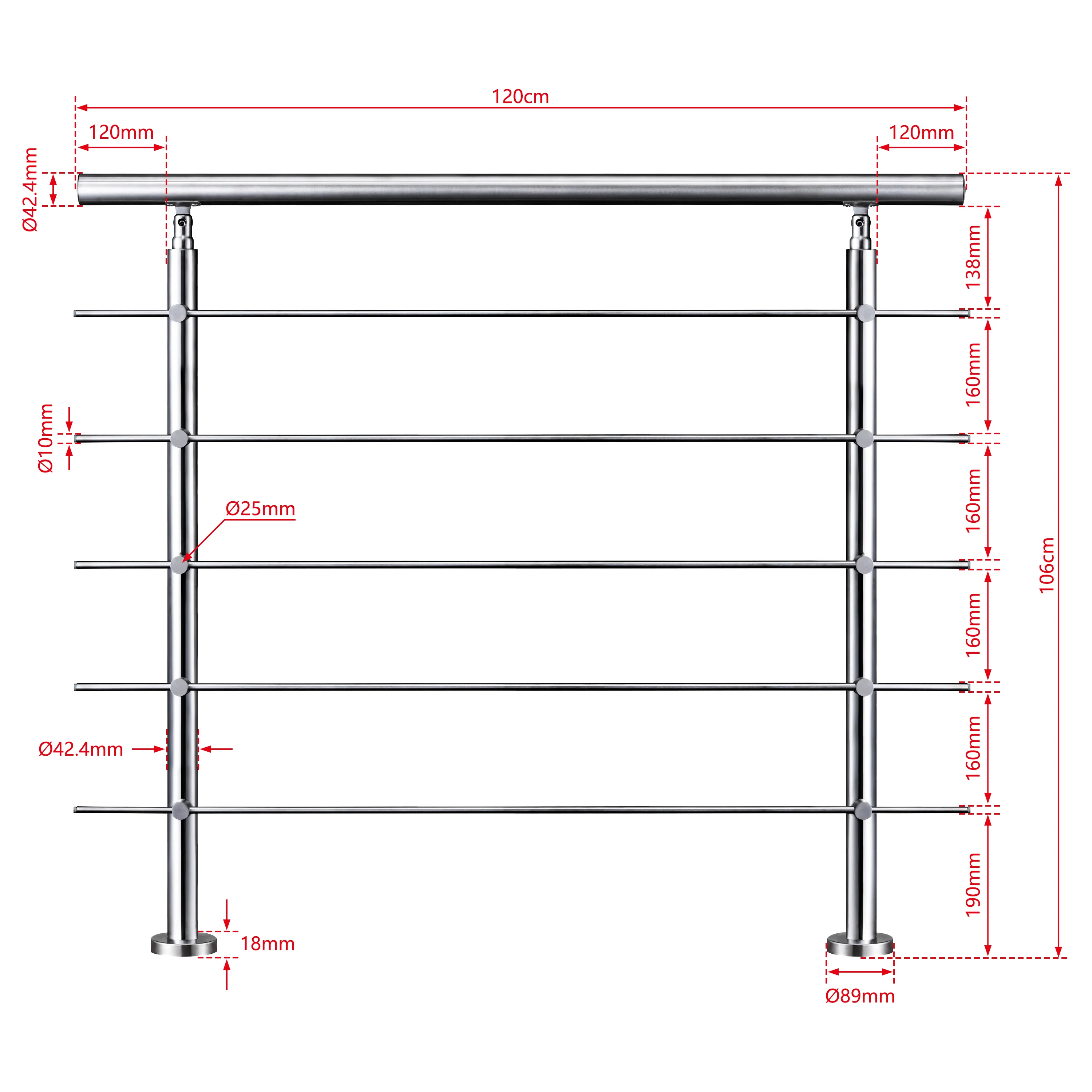 AICA Barandilla escalera de acero inoxidable 80/100/120/150/180/200/220/240 cm con 5 barras transversales para interior - Image 14