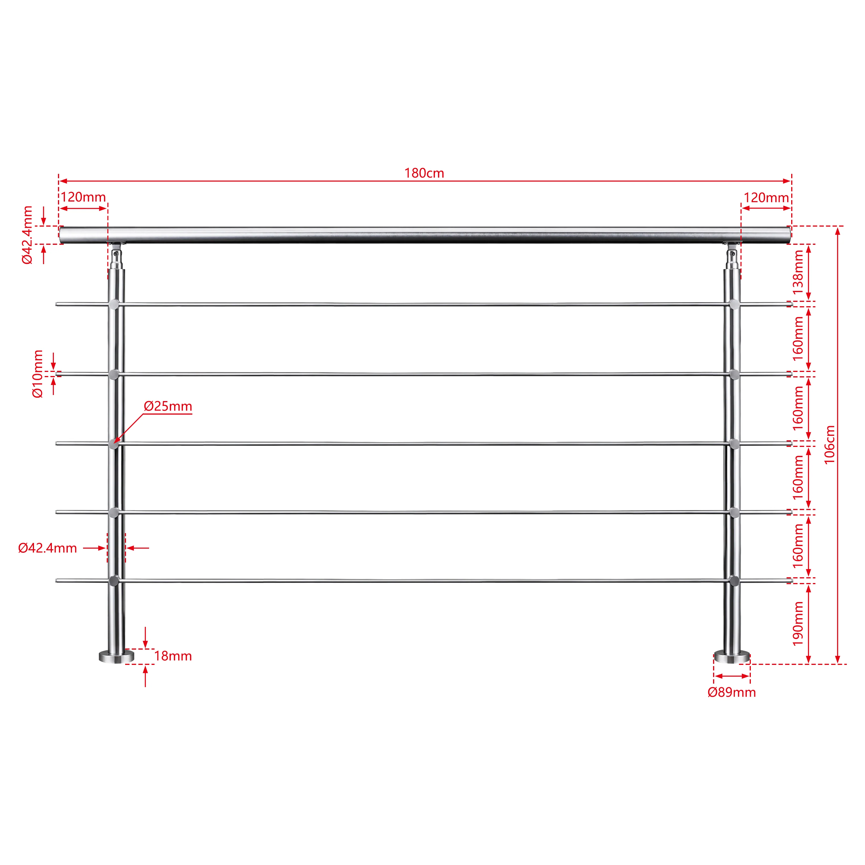 AICA Barandilla escalera de acero inoxidable 80/100/120/150/180/200/220/240 cm con 5 barras transversales para interior - Image 16