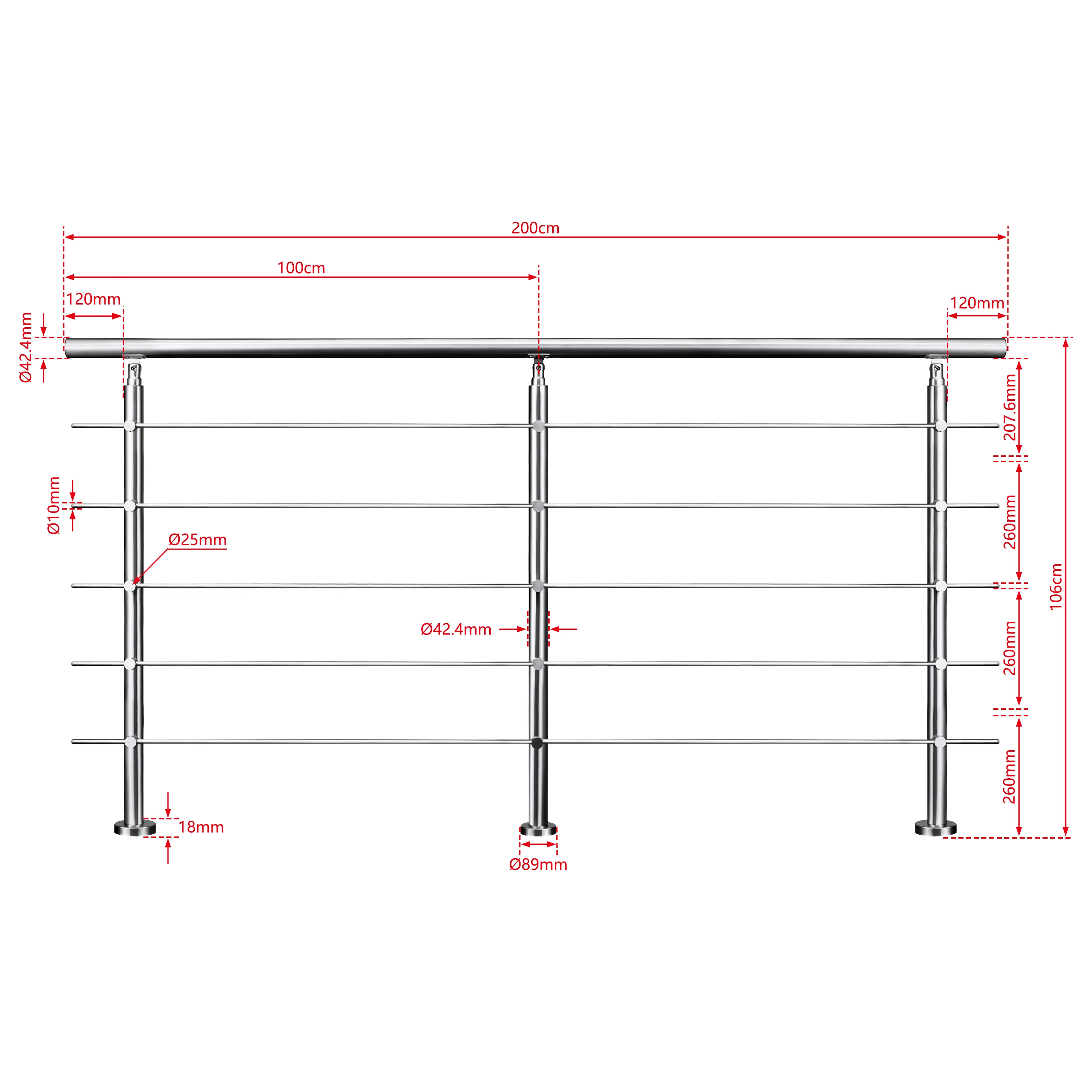 AICA Barandilla escalera de acero inoxidable 80/100/120/150/180/200/220/240 cm con 5 barras transversales para interior - Image 17