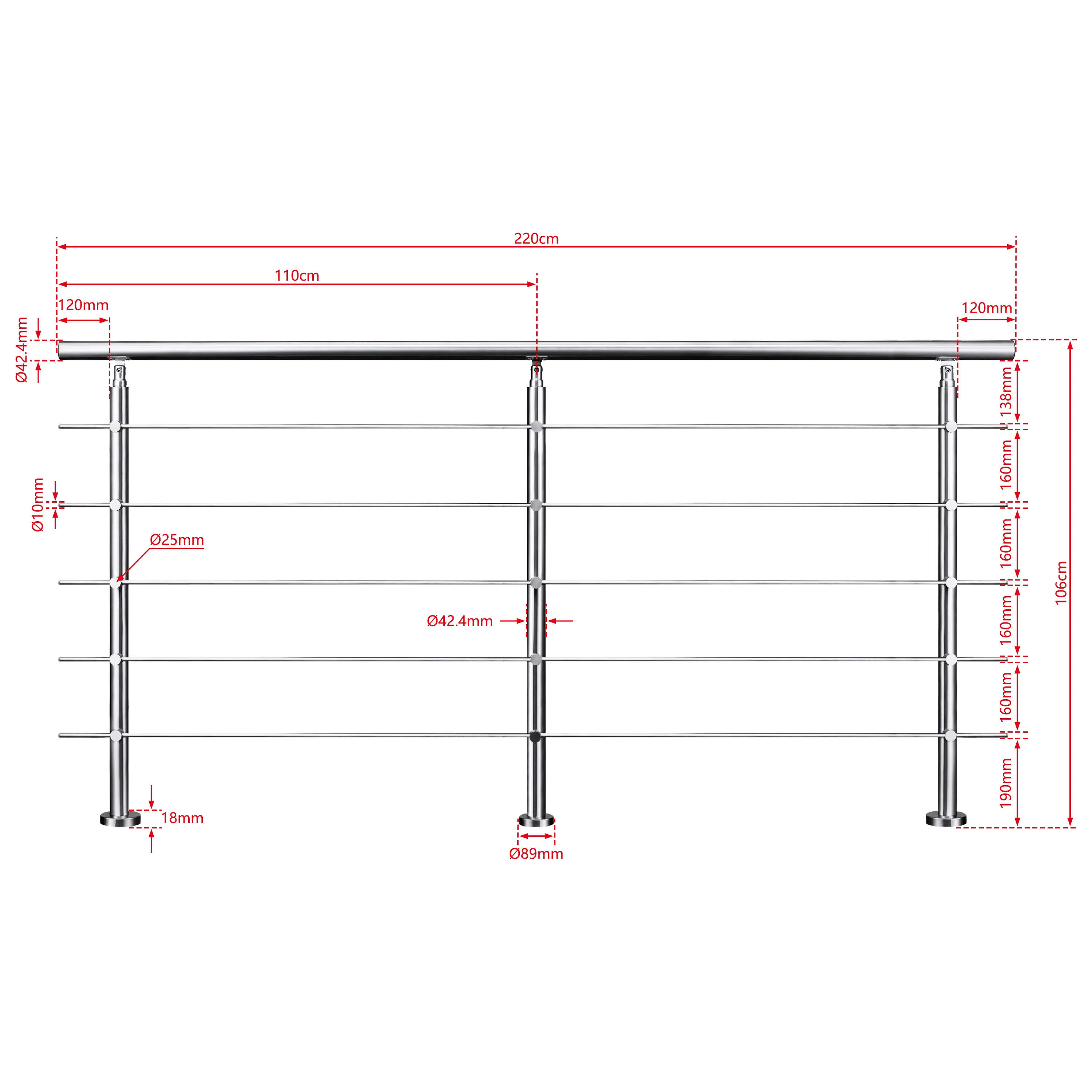 AICA Barandilla escalera de acero inoxidable 80/100/120/150/180/200/220/240 cm con 5 barras transversales para interior - Image 18