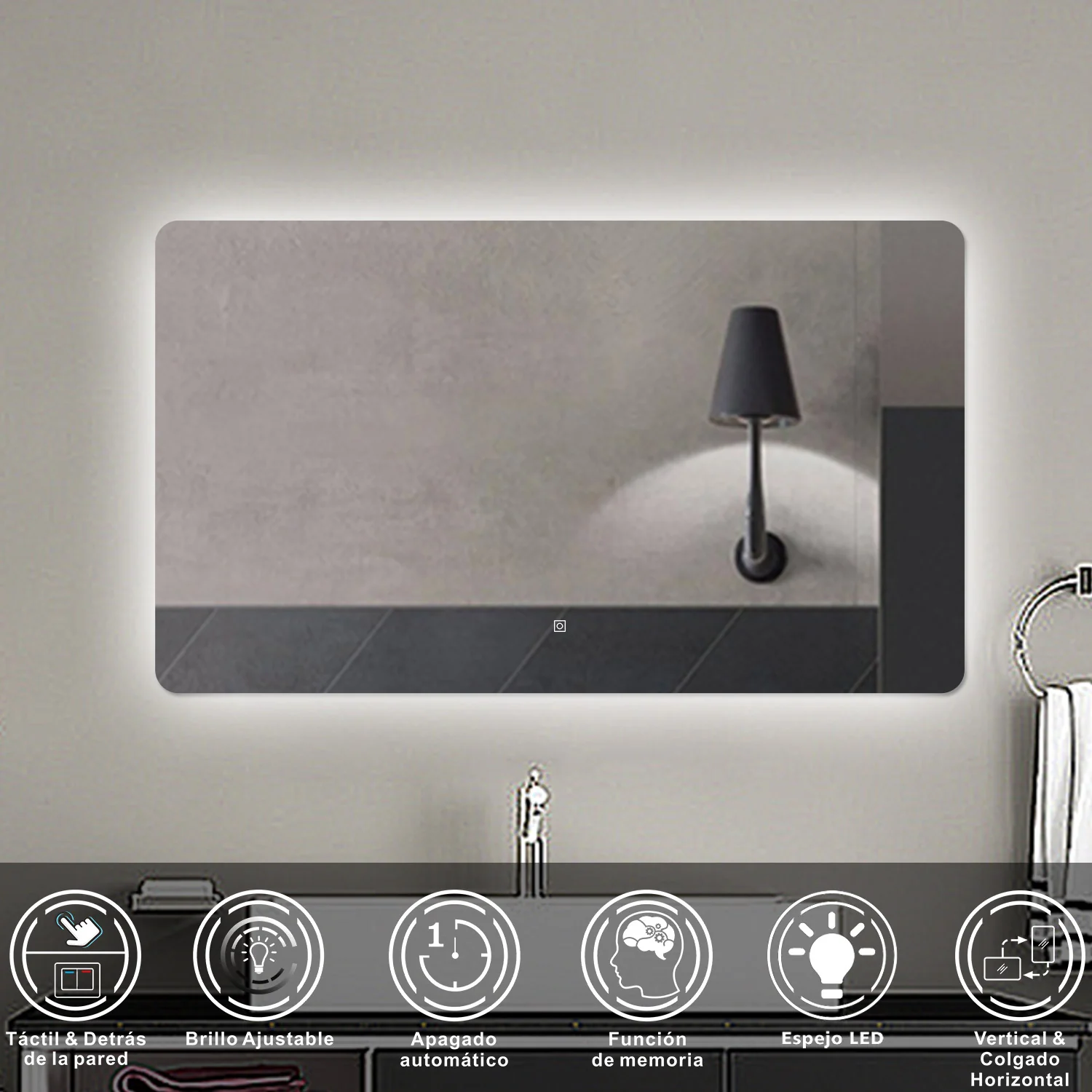 Aica Espejo de baño LED ,luz blanca 6000k,brillo ajustable,colgado horizontal/vertical,interruptor táctil. - Image 2