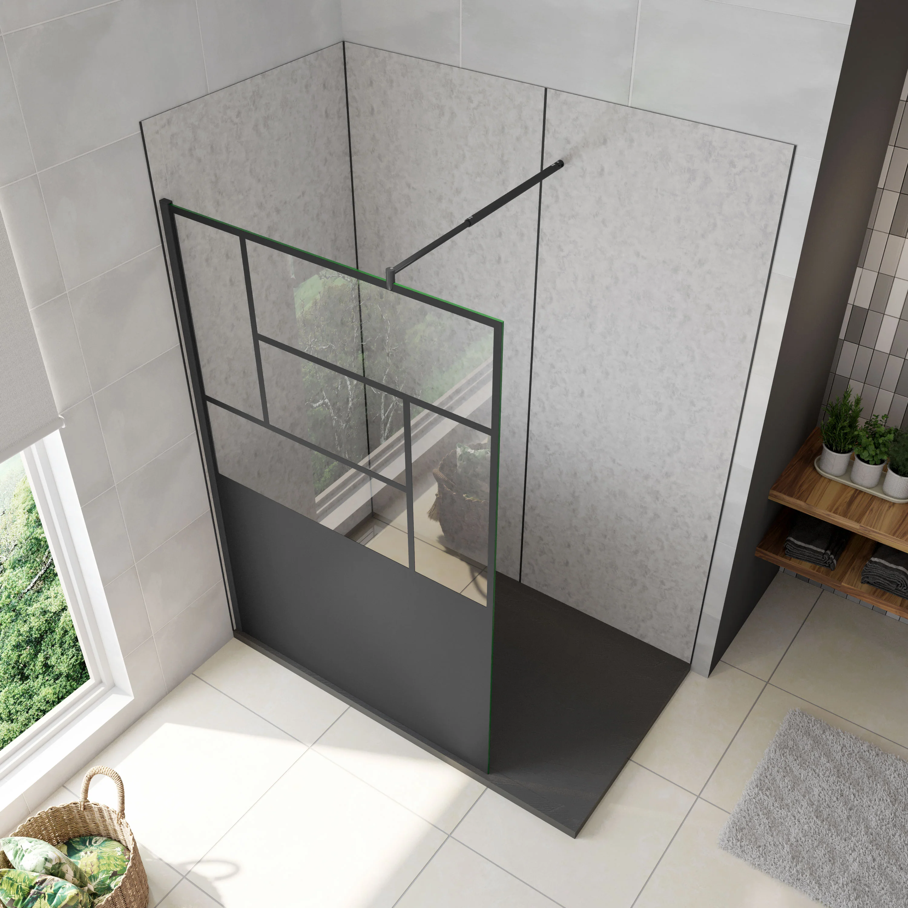 AICA Walkin Mampara Panel de ducha Pantalla Panel Fijo estilo industrial Cristal Antical 8mm con Barra 70-120cm Perfil Negro Mate,(877-900)x2000mm/(977-1000)x2000mm/(1177-1200)x2000mm - Image 2
