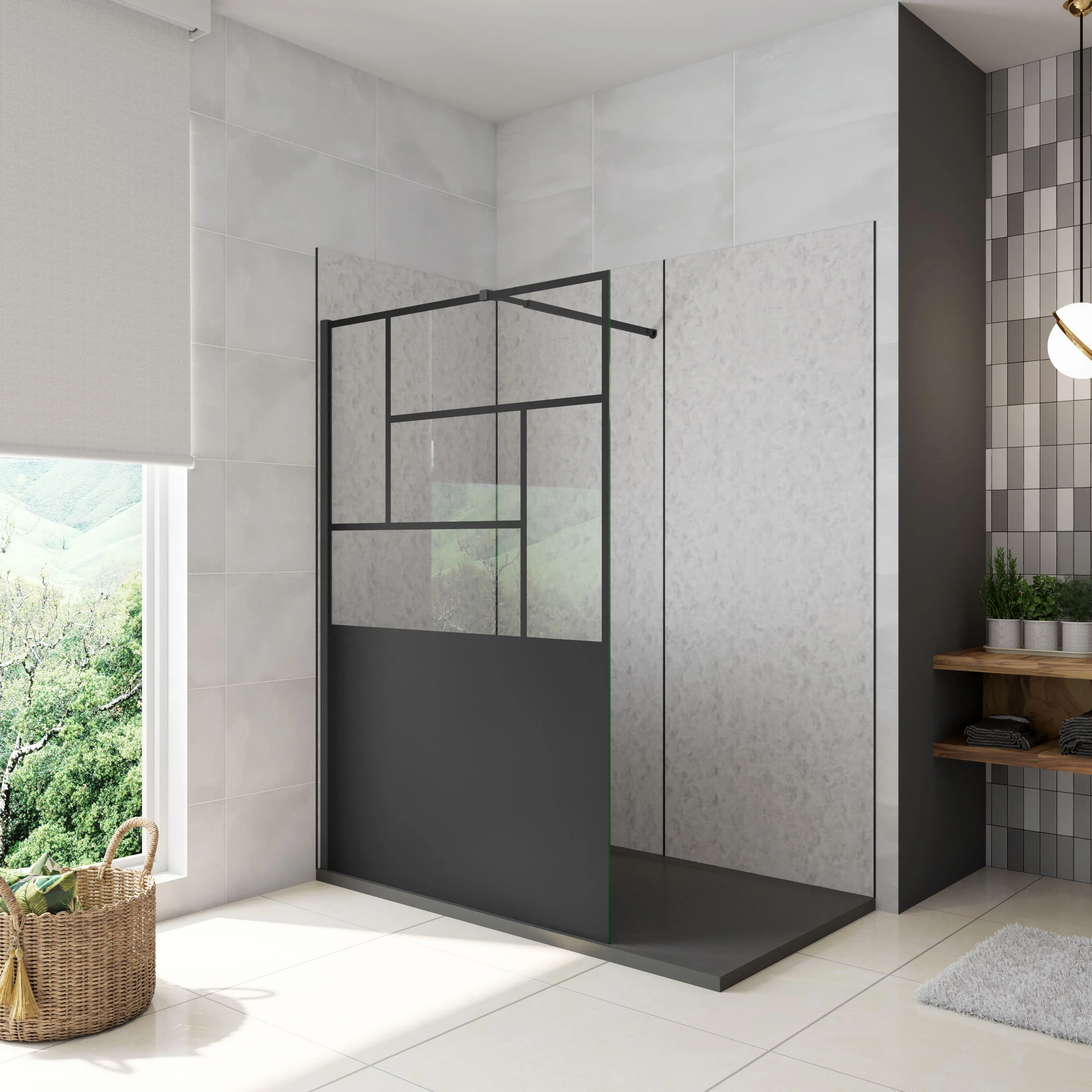 AICA Walkin Mampara Panel de ducha Pantalla Panel Fijo estilo industrial Cristal Antical 8mm con Barra 73-120cm Perfil Negro Mate,(877-900)x2000mm/(977-1000)x2000mm/(1177-1200)x2000mm