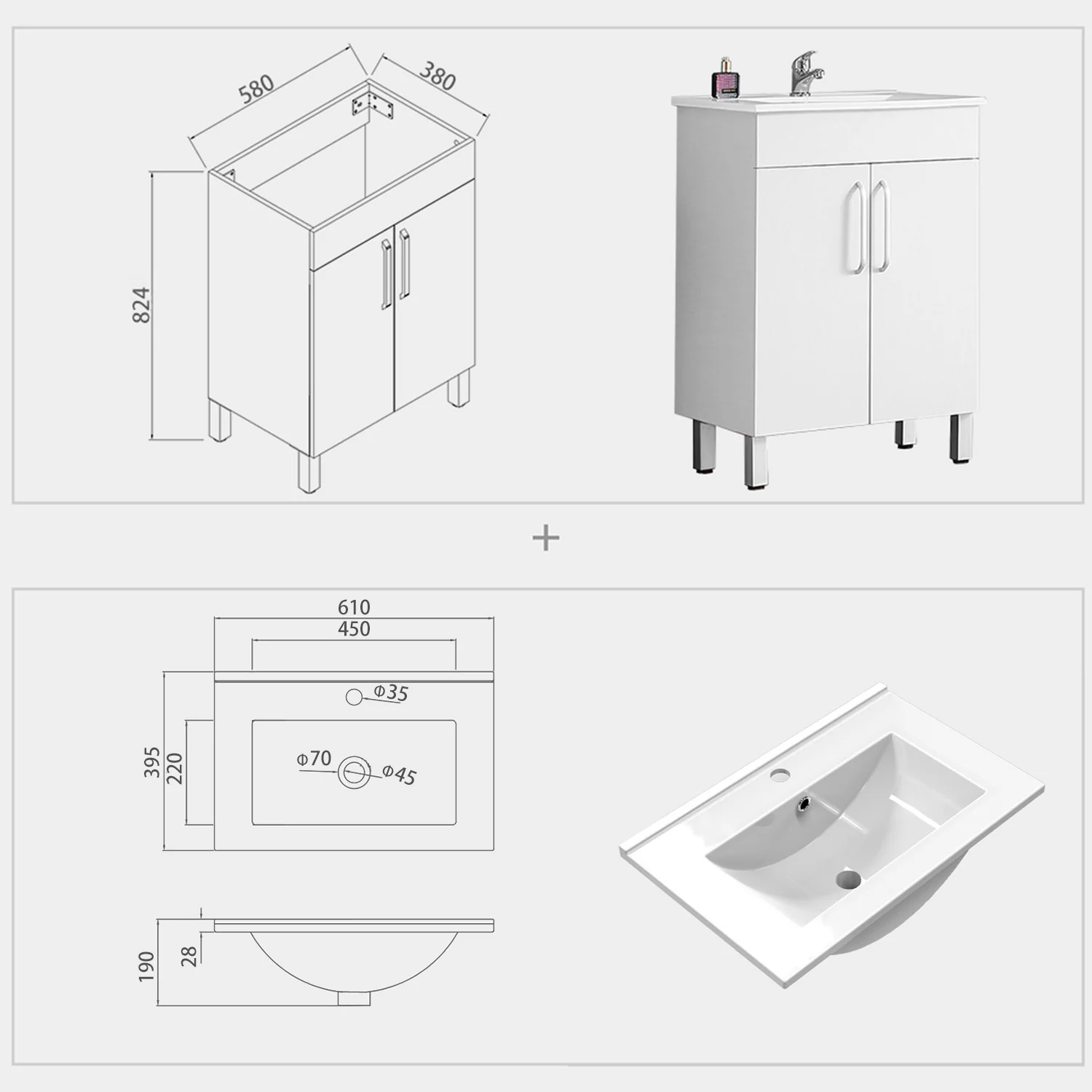 Armario de Baño Color blanco + Lavamano de Cerámica + Espejo led 6000k  Antivaho Interruptor Tactil - Image 12