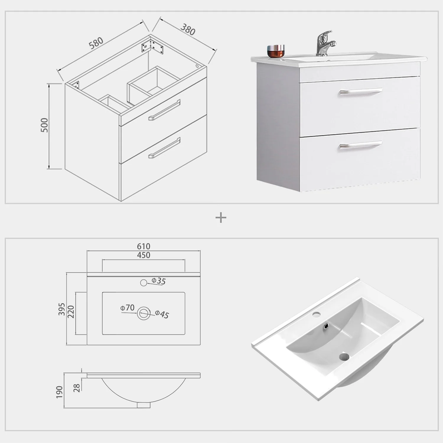 Armario de baño Sujetado en Pared sin Pies con dos cajones 580x380x500mm, Mueble de baño con Lavabo de Porcelana610x395x18mm, Color blanco - Image 5