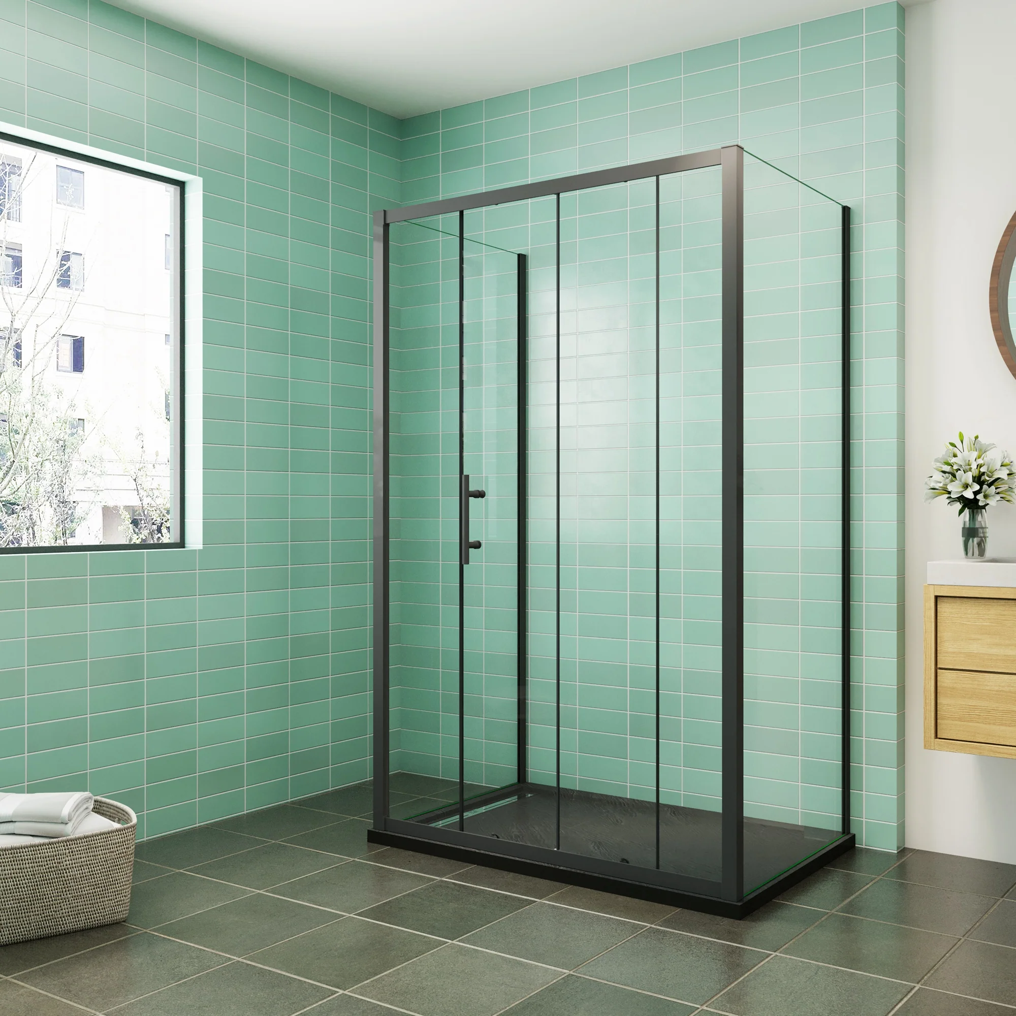 Cabina de Ducha Rectangular Puerta Corredera Cristal Templado 5 MM Perfil Negro Mate Altura 185CM - Image 2