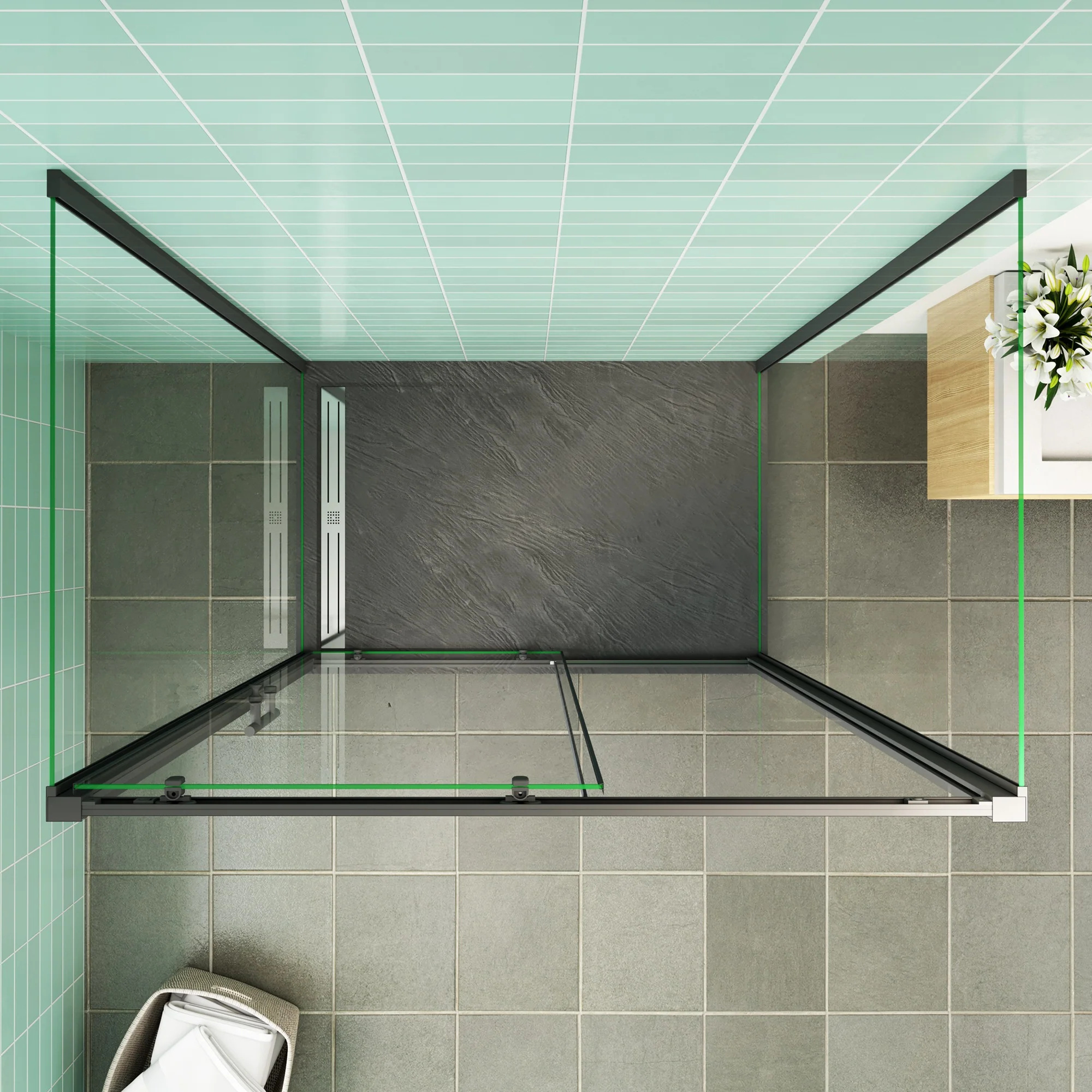 Cabina de Ducha Rectangular Puerta Corredera Cristal Templado 5 MM Perfil Negro Mate Altura 185CM - Image 5