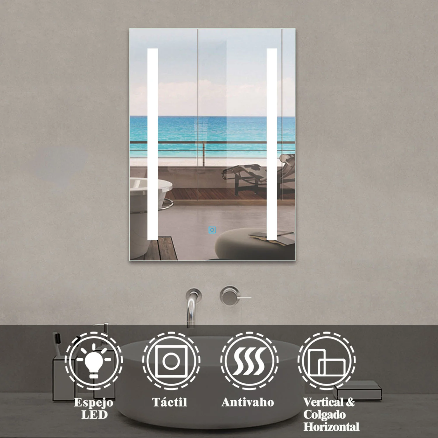 Espejo de baño con iluminación LED Luz Fría Blanca 6000k Espejo Rectangular con Función Antiniebla,Interruptor Táctil, Espejo Montado en Pared - Image 3